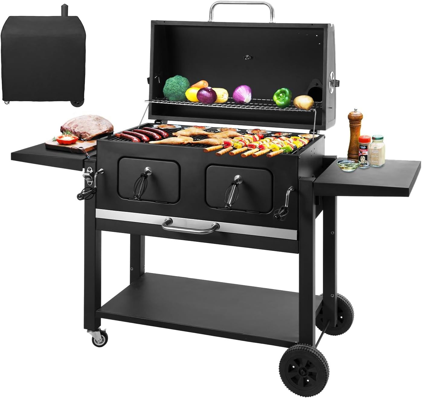 Grillwagen XXL Holzkohlegrill mit Deckel, BBQ Smoker Grill Rädern, Edelstahl-Griff, Grillrost und Thermometer, Standgrill, Kohlegrillwagen 154.5 x 89 x 122 cm