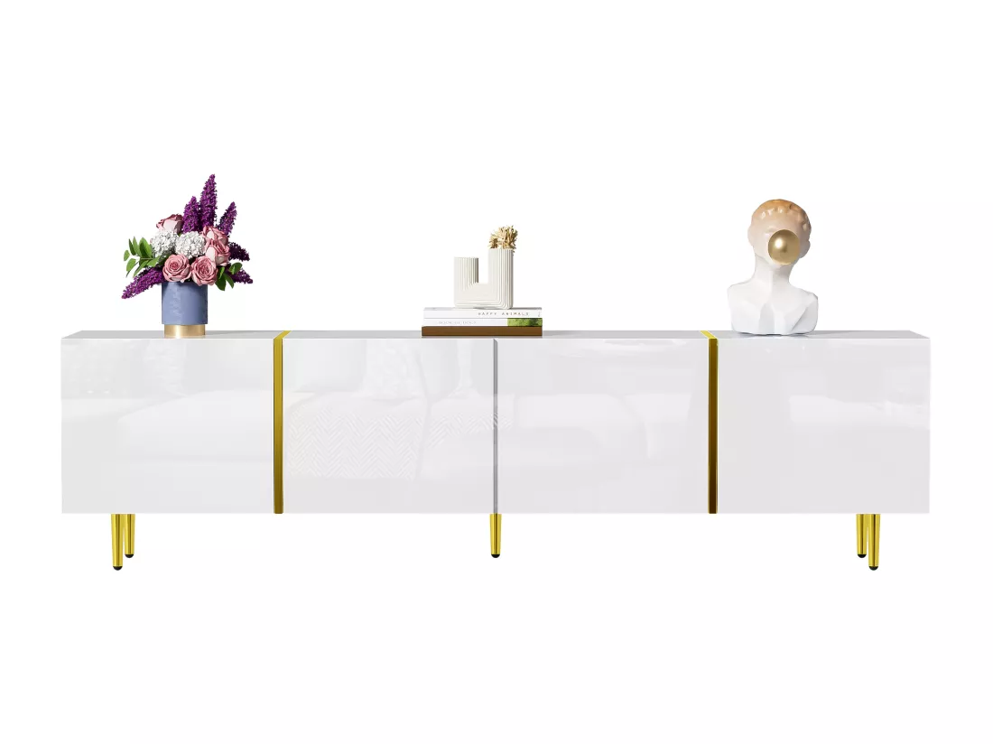Meuble TV moderne avec 4 portes - 170 x 35 x 46 cm - Bois MDF - Blanc brillant et or
