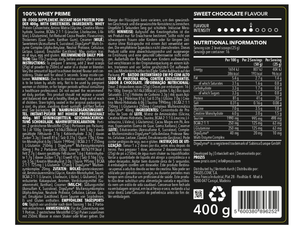 PROTEÍNA PROZIS 100% WHEY PRIME CHOCOLATE 400G