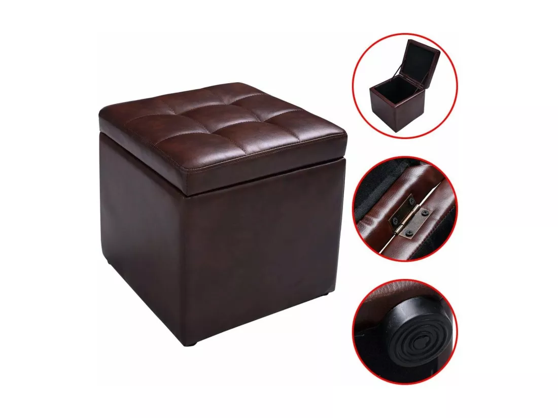Tabouret Pouf Coffre Boîte de Rangement Repose-Pied Ottoman avec Espace de Stockage Cuir PU, Charge 150 kg, 40 x 40 x 40 cm (Beige)