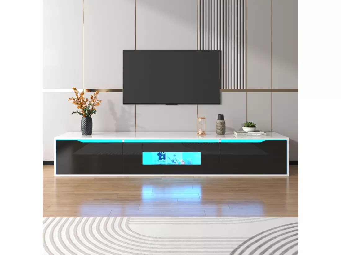 Meuble TV 180cm, avec éclairage LED à changement de couleur, portes pliantes, laqué Meuble TV suspendu, style moderne - noir