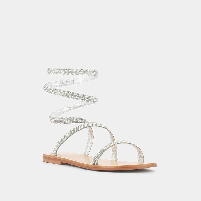 Sandales à brides torsadées  en cuir métallisé argent
