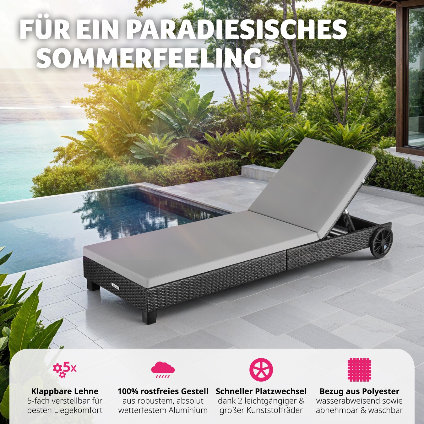 tectake® Rattan Sonnenliege, mit Aluminiumgestell, 5-fach verstellbare Rückenlehne, Belastbarkeit 150 kg, 66 x 185 x 24,5 cm