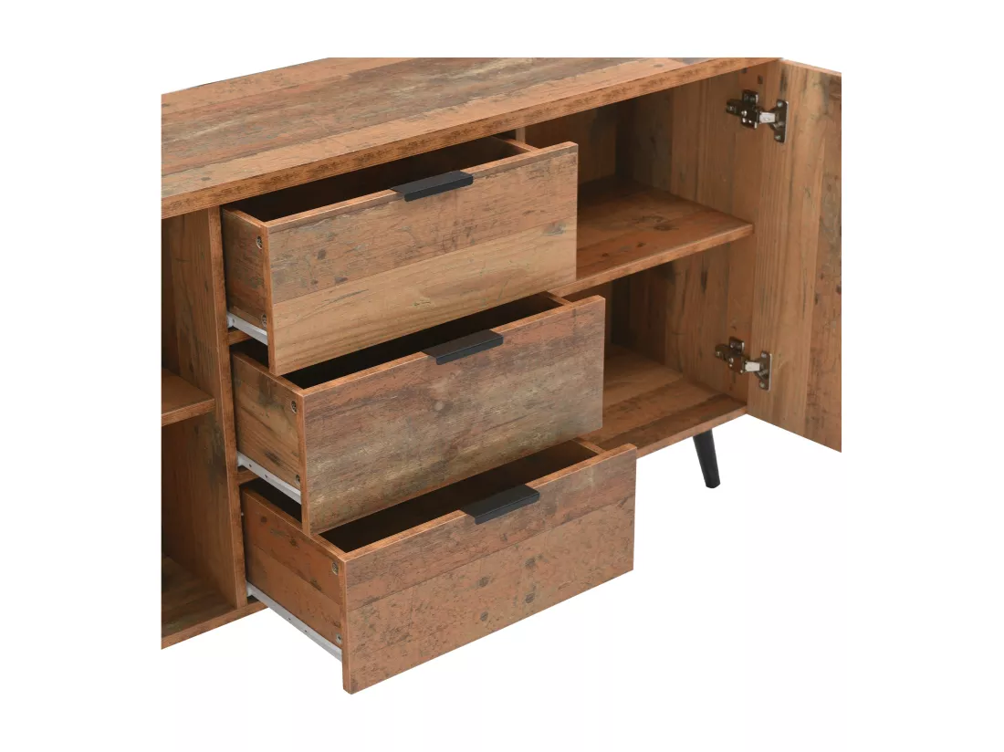 Buffet effet bois vieilli avec étagères réglables 2 portes 3 tiroirs GRANCUK