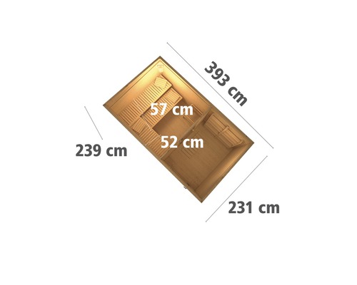 Saunacabine Karibu Skrollano 3 inclusief 9 kW kachel en externe bedieningseenheid, met voorruimte en geïsoleerde houten deur met dubbele beglazing, terragrijs/wit