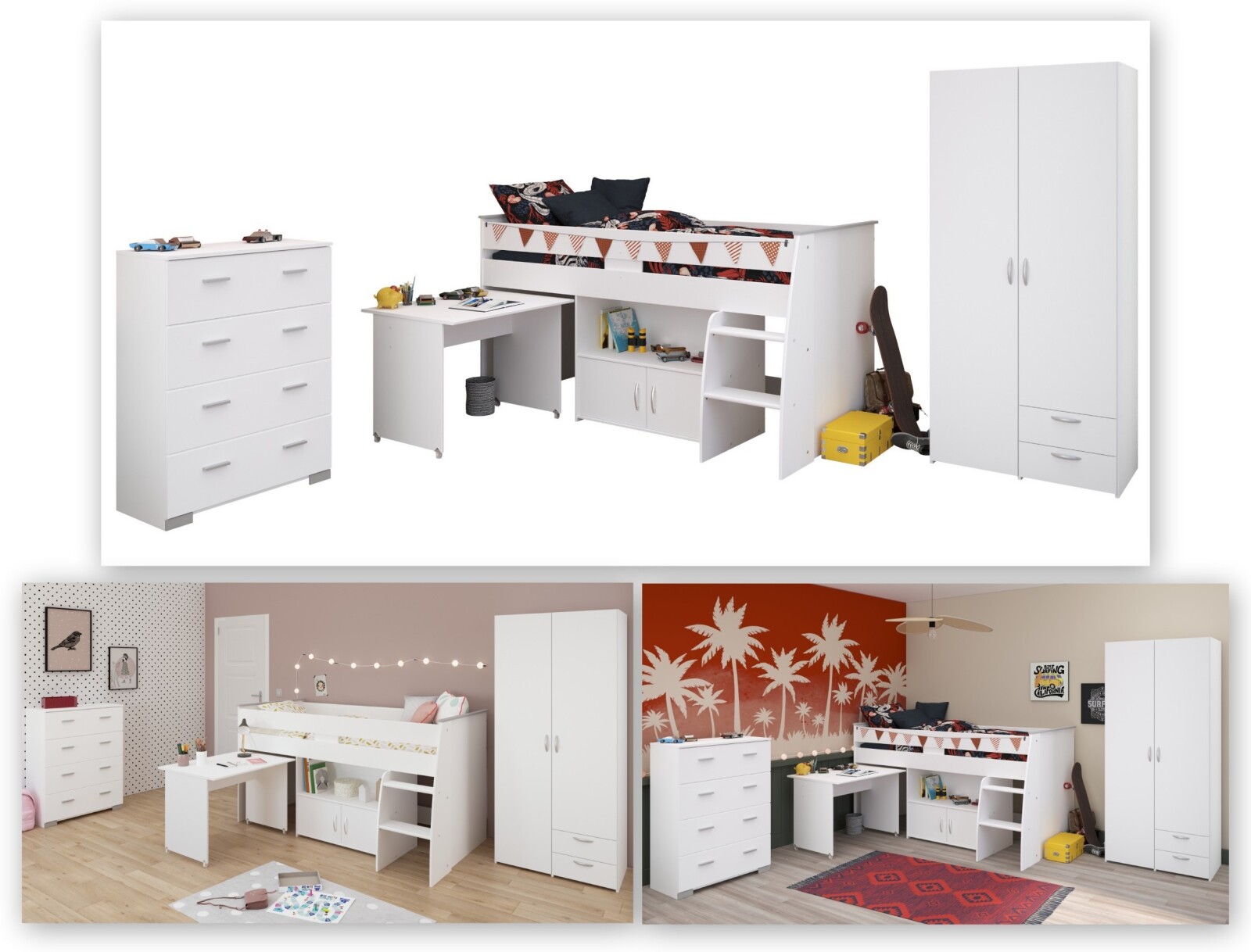 4-teiliges Kinderzimmer-Set REVERSE 11 - weiß - integrierte Leiter