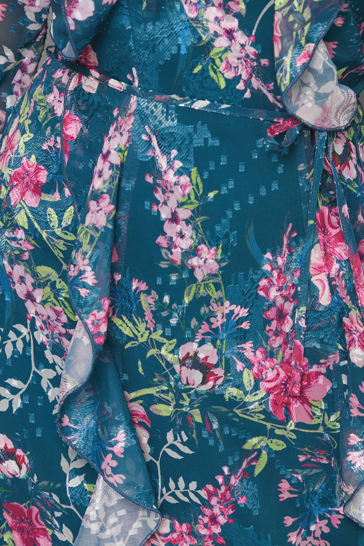 Wallis Robe Midi Petite à Motifs Floraux avec Volants et Ceinture