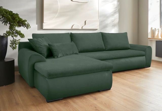 Home affaire Ecksofa »Win, L-Form,  Breite 285cm« optional mit Schlaffunktion und Bettkasten, dunkelgrün, Cord