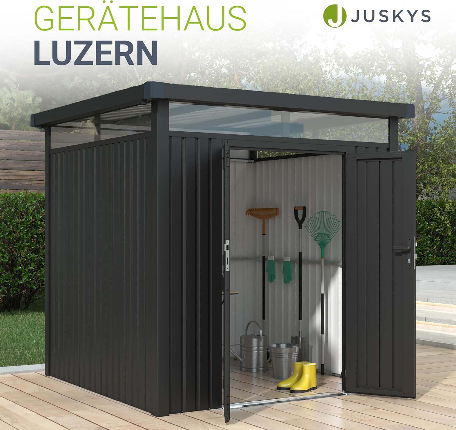 Juskys Gerätehaus Luzern Pro 5,3 m² - Metall Geräteschuppen mit Türen & Fenstern - wetterfest & abschließbar - Fahrradgarage, Gartenhaus - Anthrazit