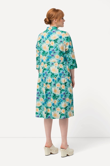 Hemdblusenkleid, Blüten, A-Linie, Hemdkragen, 3/4-Arm