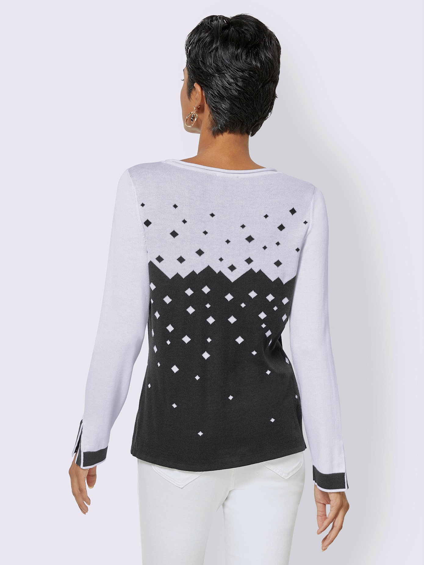 Pull motif jacquard couleur contrastée manches fendues col rond
