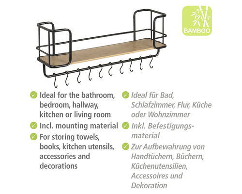 Wandplank met haken, loftstijl, bamboe/zwart