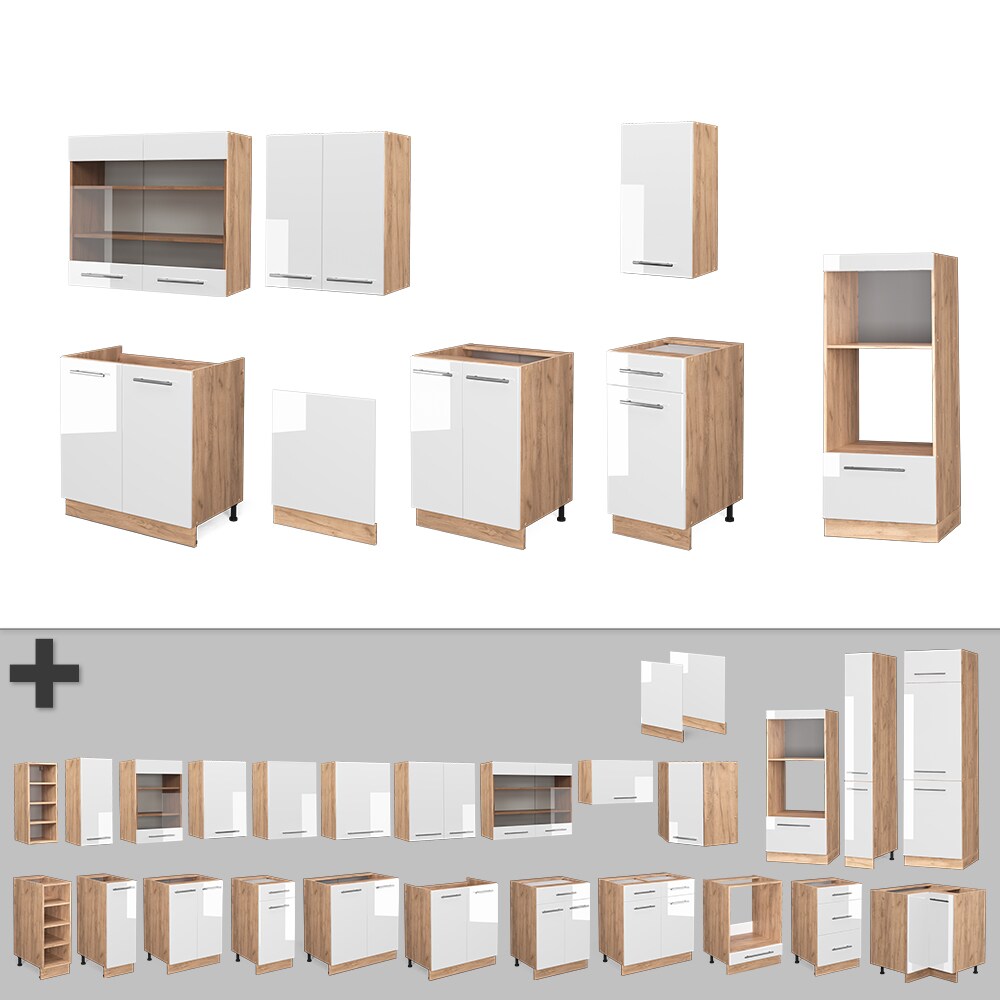 Vicco Küchenzeile Küchenblock Einbauküche Fame-Line Eiche Weiß 300 cm modern Küchen Schränke Schubunterschrank Unterschrank Spülenunterschrank Hängeschrank Mikrowellenschrank Geschirrspülerblende