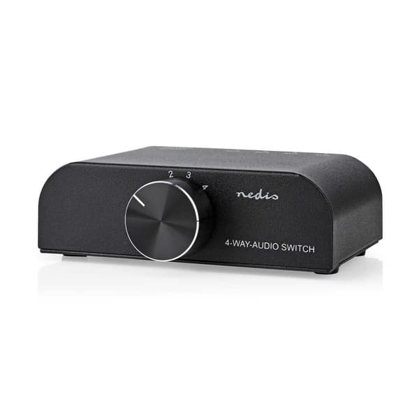 Analog Audio Switch | 4-Port port(s) | Koblingsinngang: 1x 3.5 mm Lyd inngang / 3x (2x RCA Hunn) | Koblingsutgang: 1x (2x RCA Hunn) | Manuell | Metall