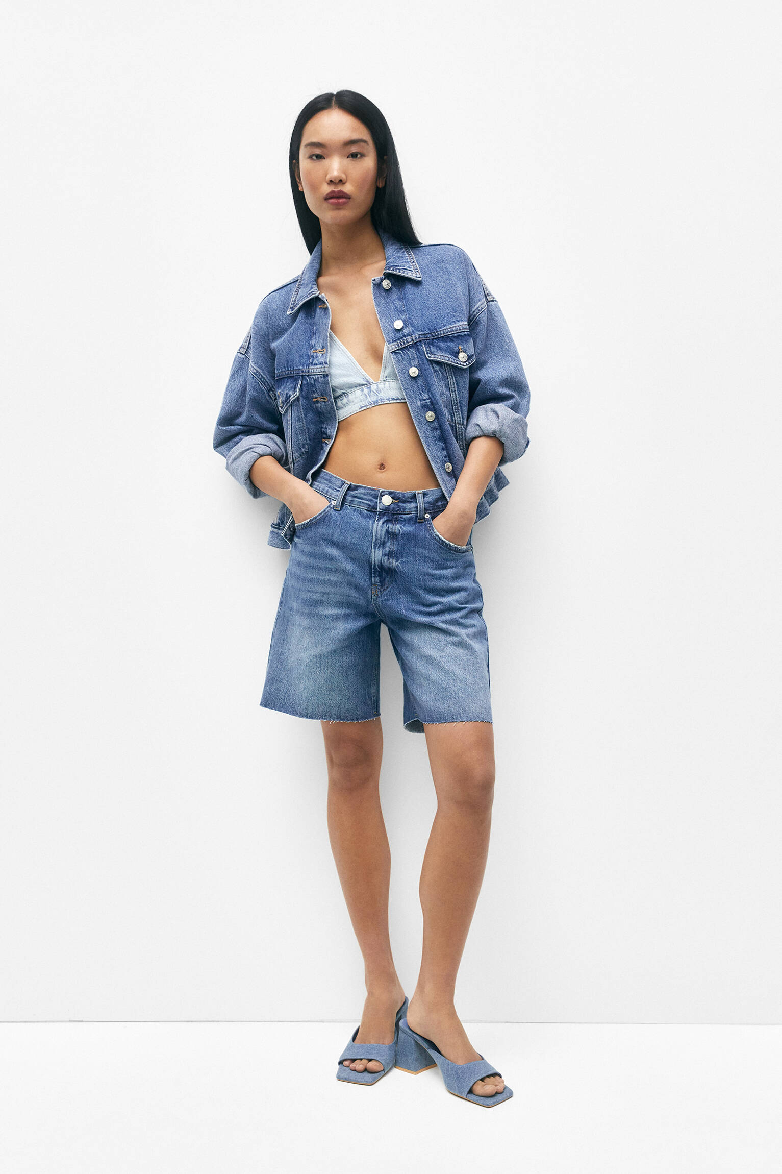 Bermuda jeans folgada - Azul médio