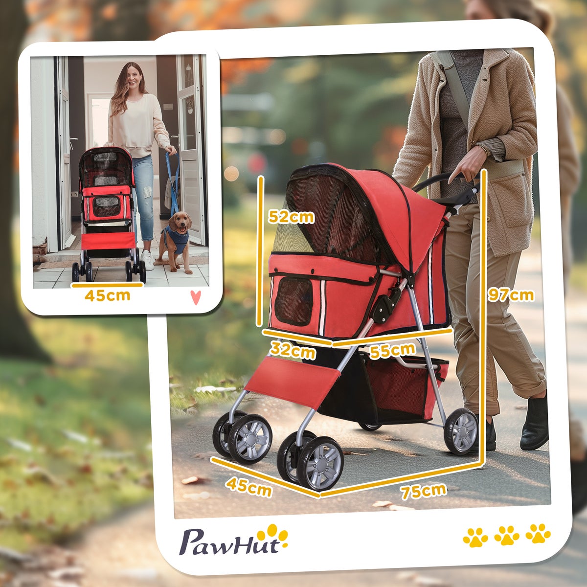 PawHut Hondenbuggy, 75L x 45B x 97H cm, 600D Oxford, Nylon Mesh, Rood