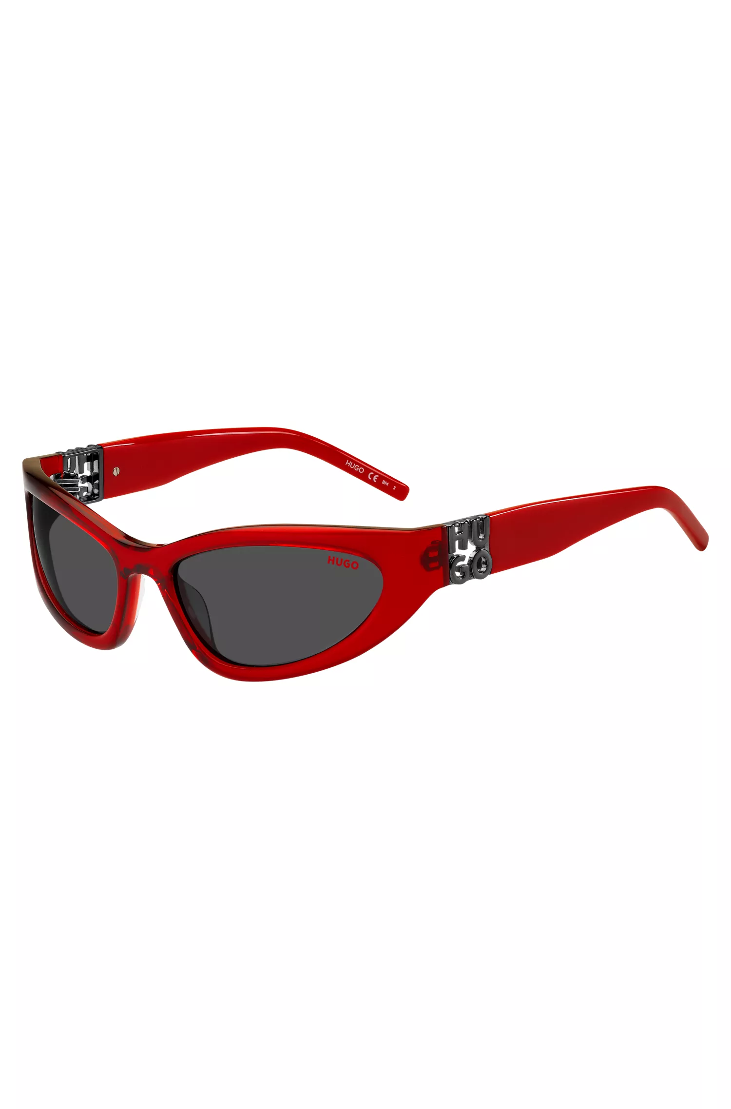 Armação de óculos HUGO em acetato vermelho com monograma 3D.