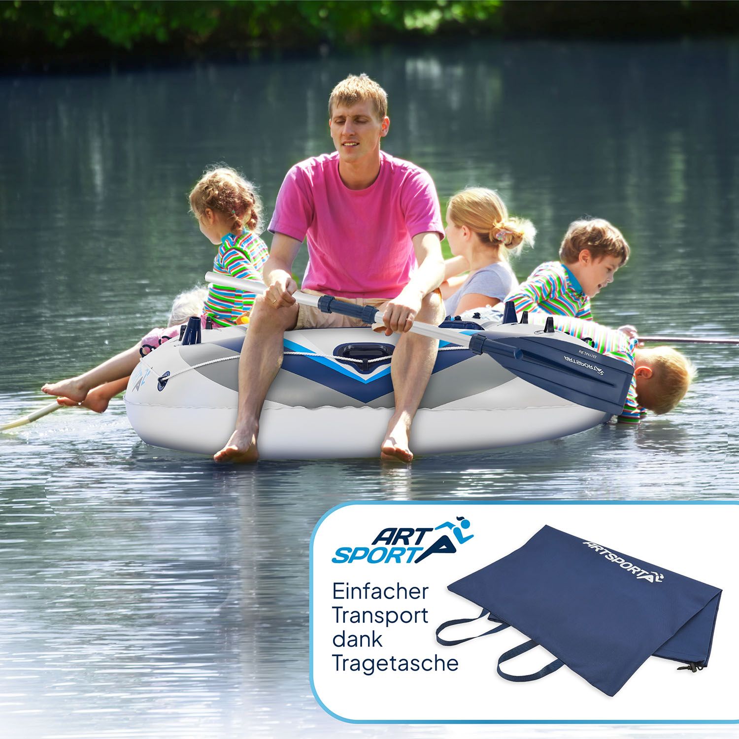 ArtSport Schlauchboot 322 cm für 4 Personen - Paddelboot aufblasbar mit 2 Sitzbänken & Zubehör