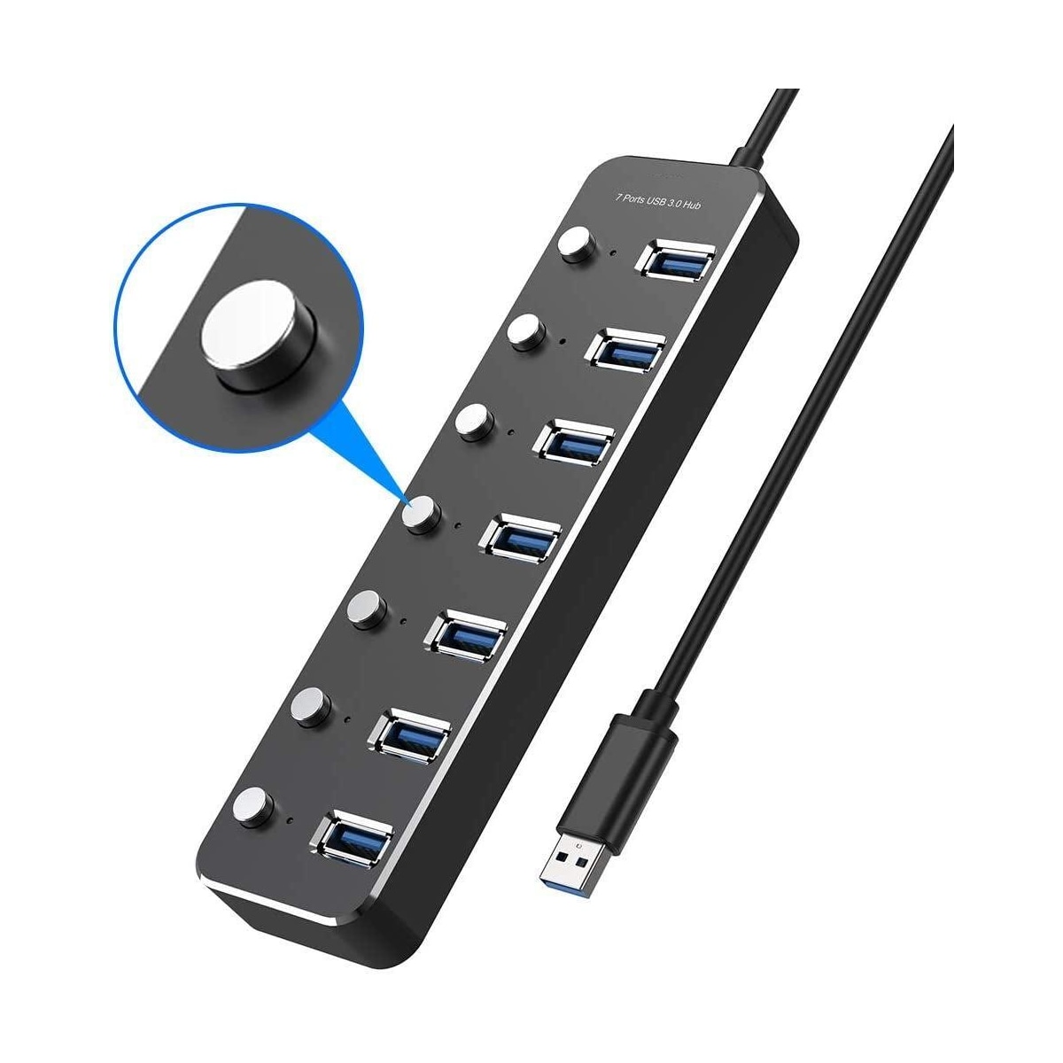 NÖRDIC 7-ports hub USB-C 3.0 5Gbps med individuell bryter 25 cm kabel svart aluminium