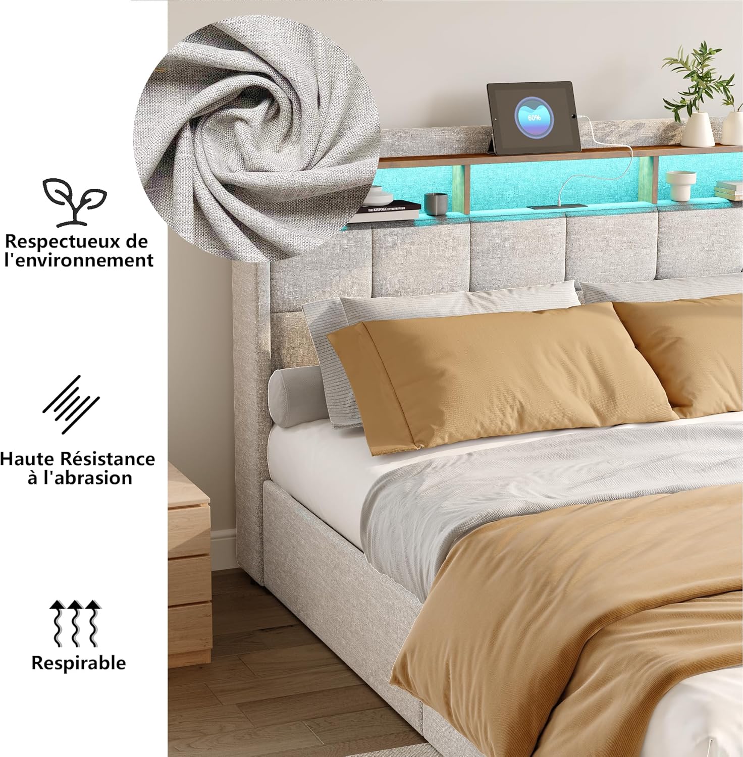Doppelbett, gepolstert, 140 x 200 cm, Polsterbett mit 4 Schubladen, Boxbett mit Stauraum und Lattenrost, Kopfteil mit LED und USB, Bettgestell für Erwachsene, Jugendliche, Leinen (Beige, 140 x 200 cm)