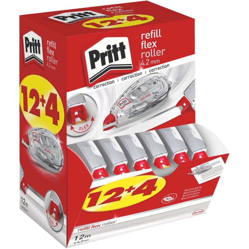 Pack de 12 correcteurs à sec rechargeables Flex Roller Pritt largeur 4,2 mm - Longueur 12 m + 4 offerts