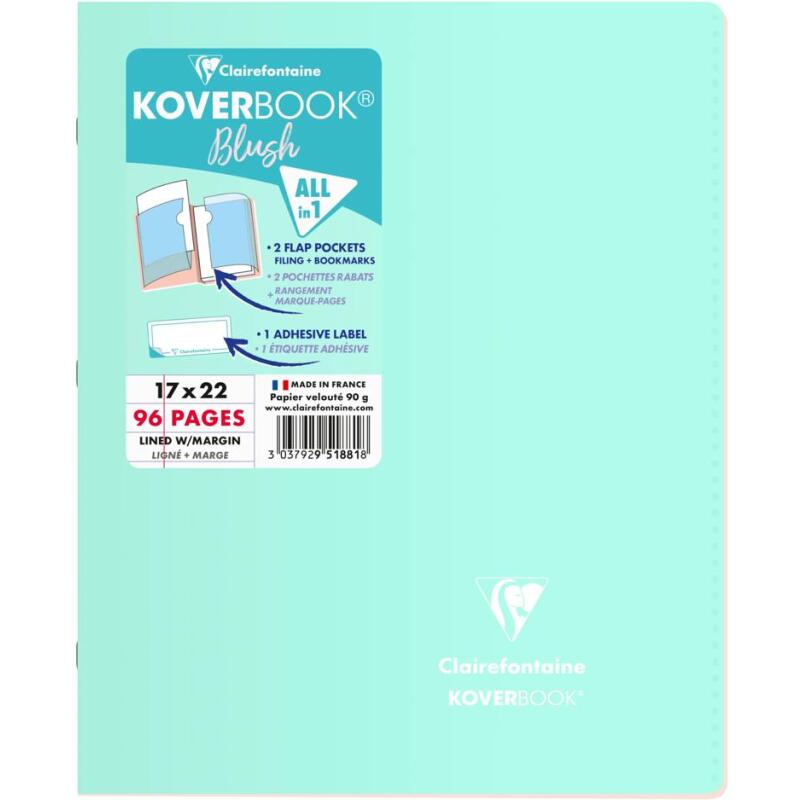 Cahier piqué Koverbook Blush 17x22cm 96 pages ligné + marge couverture polypropylène opaque Couleur aléatoire - Assortis