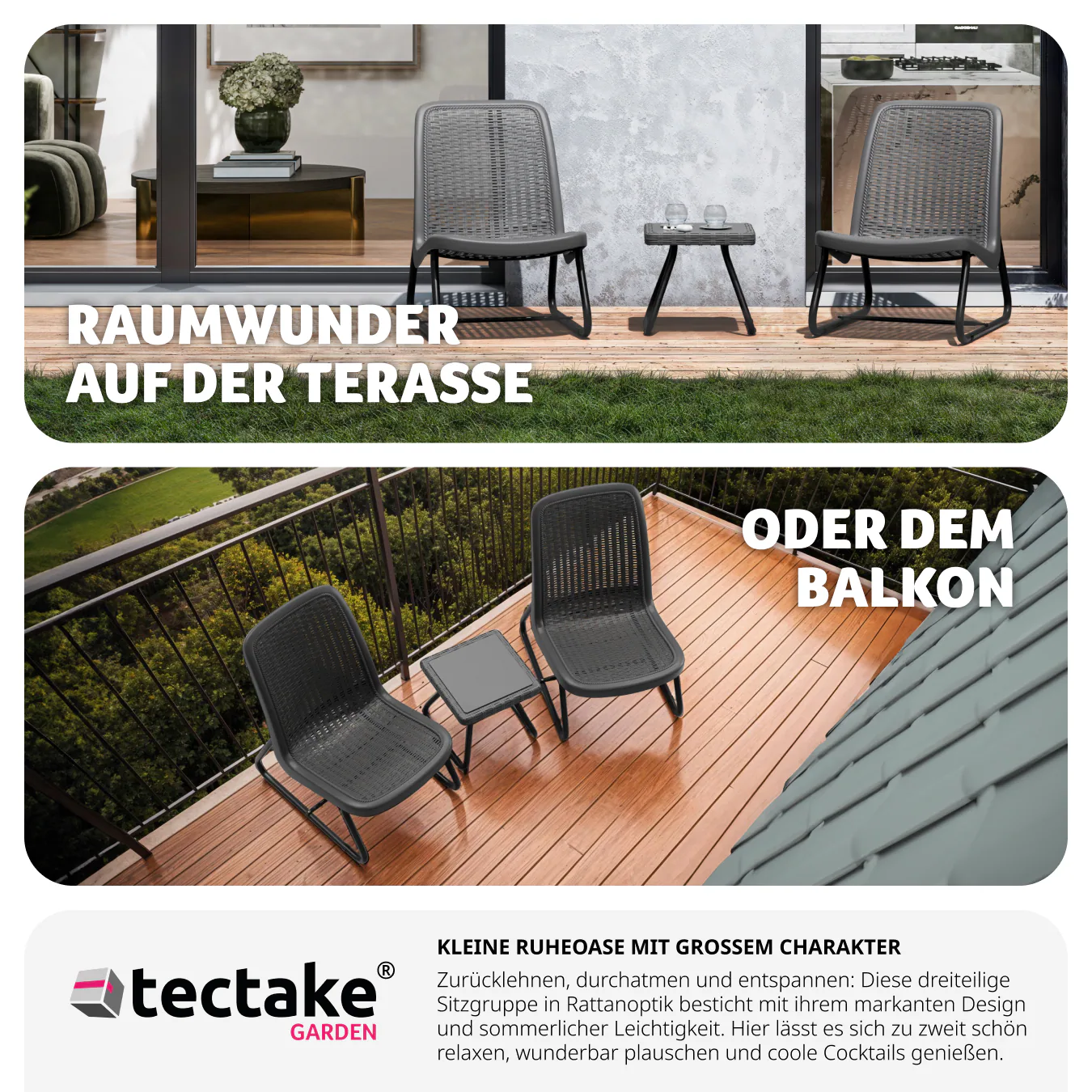 tectake® Sitzgruppe, für 2 Personen in Rattanoptik, UV-beständig, Belastbarkeit Stuhl 120 kg, Schraubfüße