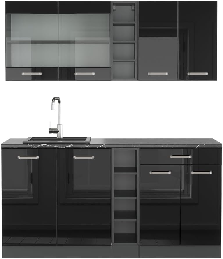 Vicco Singleküche R-Line, Schwarz Hochglanz/Anthrazit, 160 cm ohne Arbeitsplatte