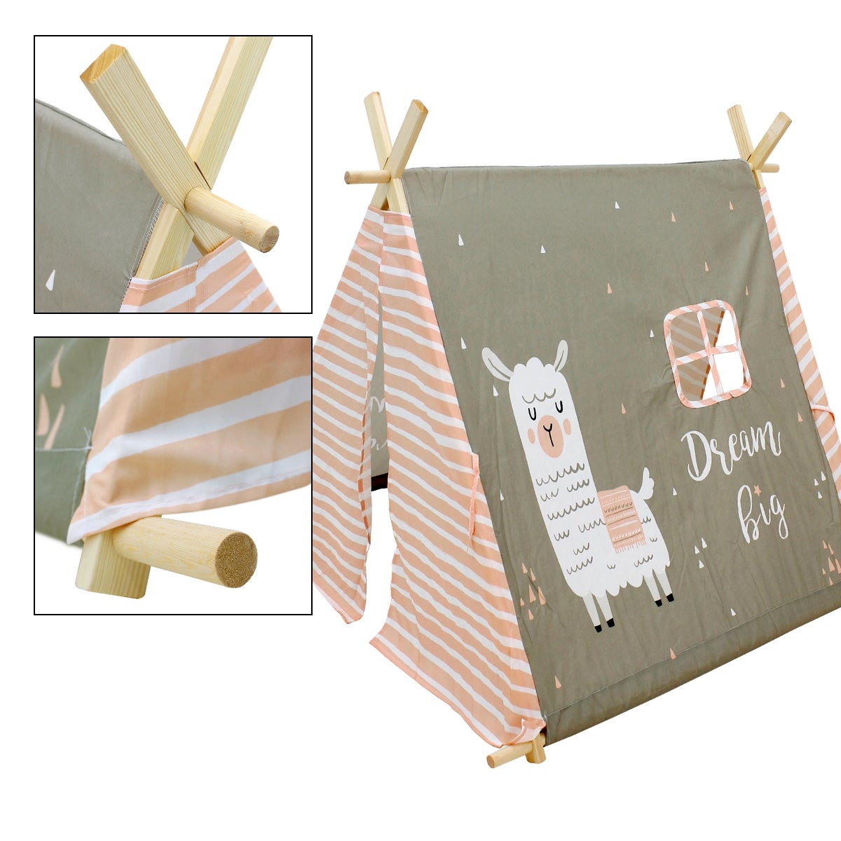 ECD Duitsland Tipi Speeltent voor Kinderen 108x105x117 cm, Indianentent Warm Grijs met Lama Motief, Binnen/Buiten, Tipi Kindertent met 2 Deuren en een Raam, Kinderkamer Speelhuisje voor Meisjes/Jongens