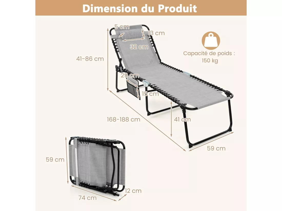 Chaise Longue Pliante avec Appuie-tête Amovible Dossier Réglable à 4 Positions Acier Antirouille pour CamBoisg Terrasse, Bleu