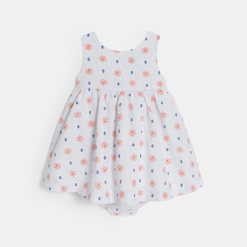 Robe à bretelles gaufrée et bloomer blanc bébé fille Rose