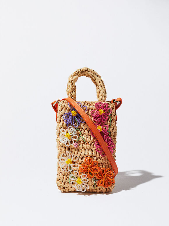 Bolsa Móvil Rafia Con Flores - Bege