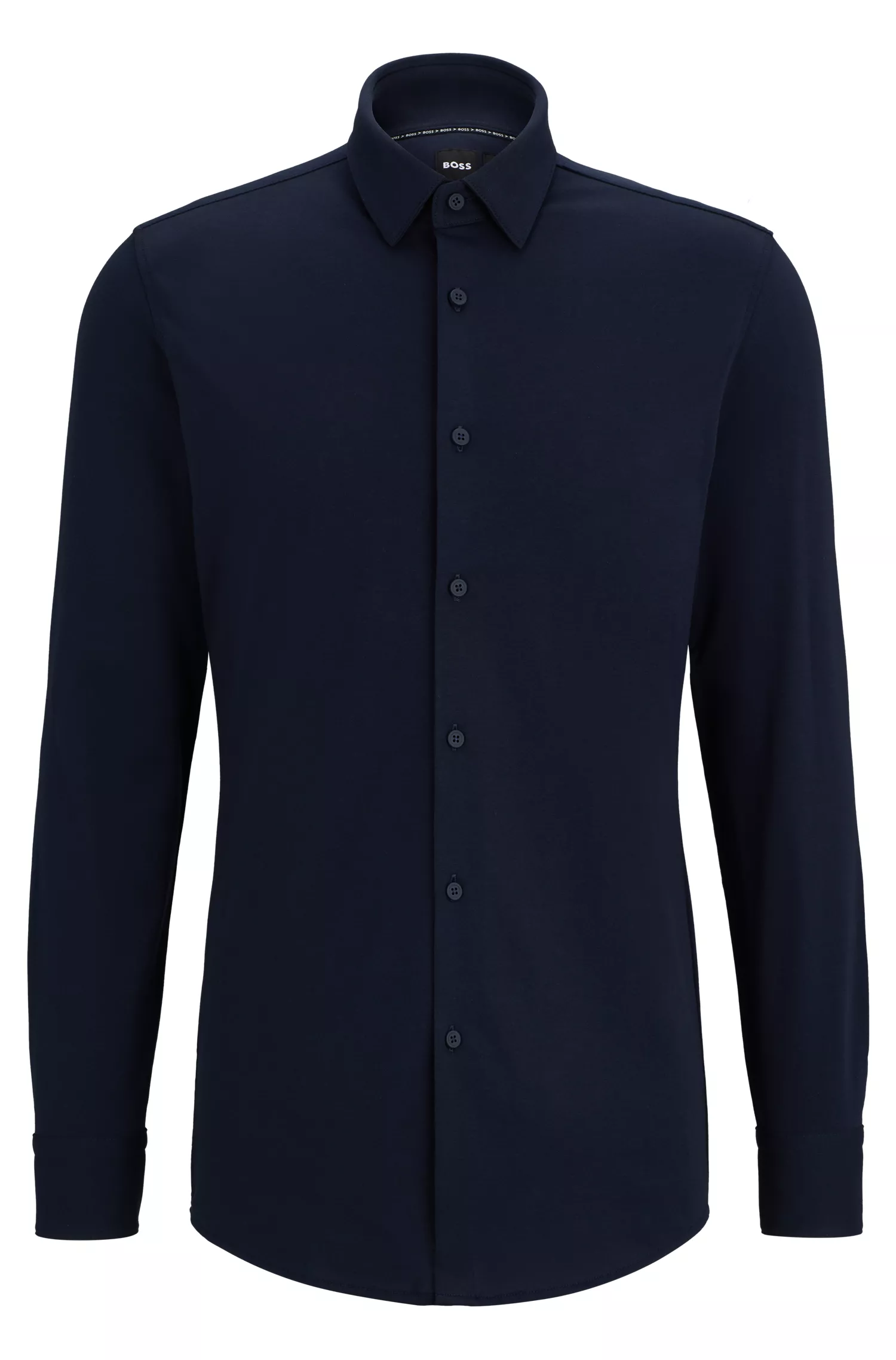 Camisa BOSS preta de corte slim, confeccionada em malha de algodão elástico de alta performance.