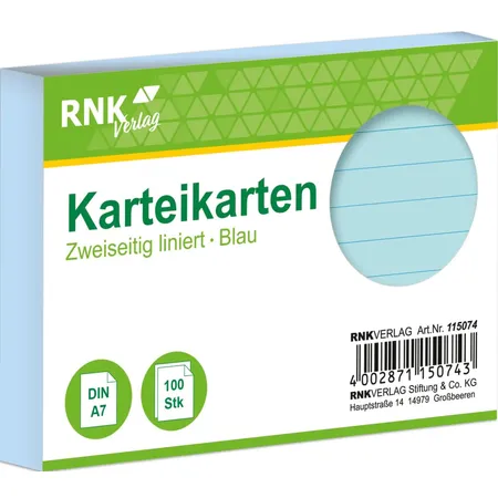 RNK Verlag 100 Karteikarten DIN A7 blau liniert