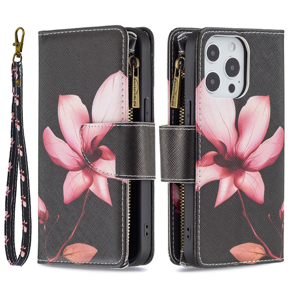 iPhone 13 Pro Leder Wallet Etui Tasche mit 9 Kartenfächern   Münzfach Blume - Schwarz