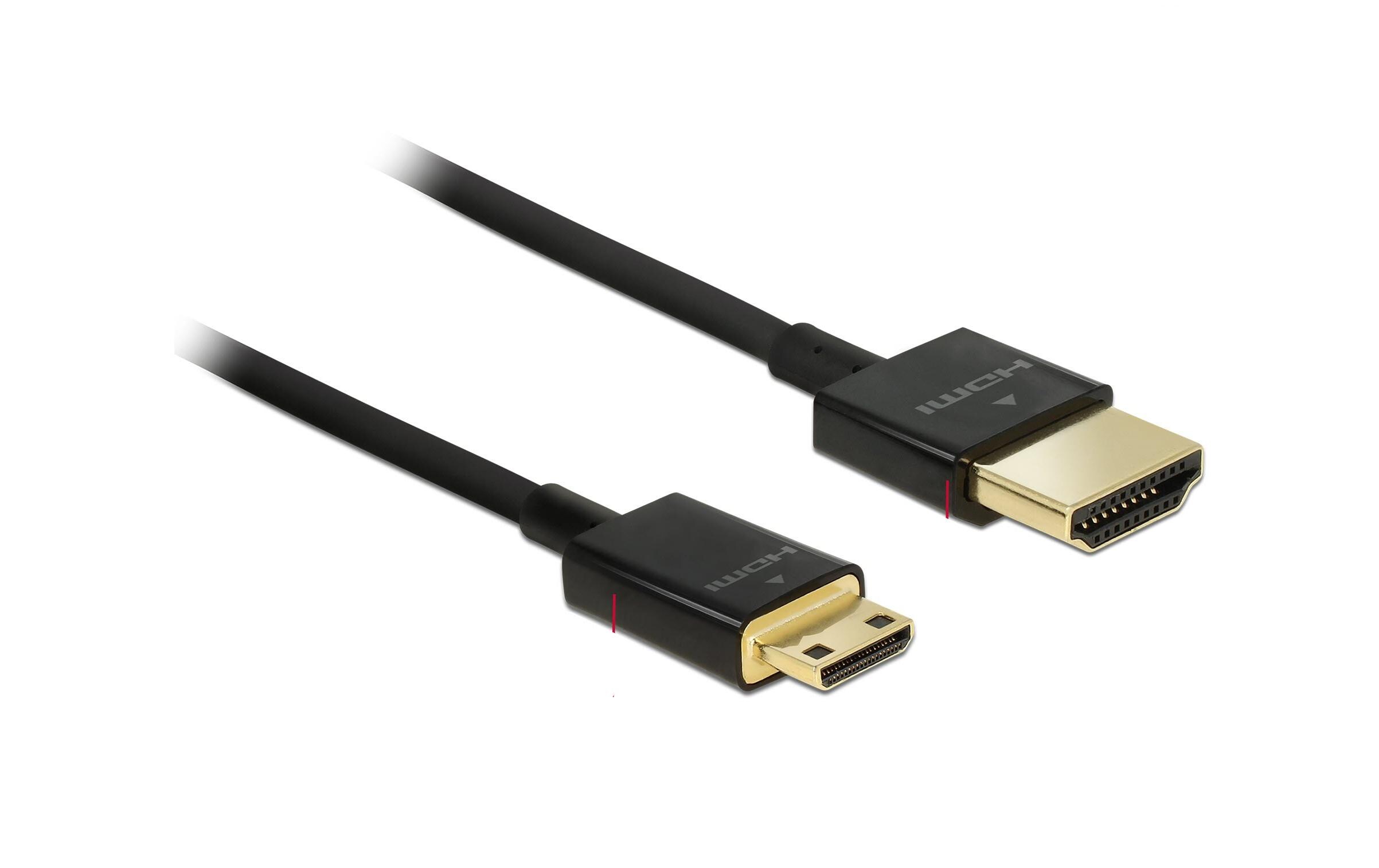 Kabel 4K 60Hz HDMI - Mini-HDMI (HDMI-C), 0.5 m, SchwarzDelock Kabel High Speed HDMI mit Ethernet – HDMI-A Stecker > HDMI Mini-C Stecker 3D 4K 0.25 m Slim High Quality