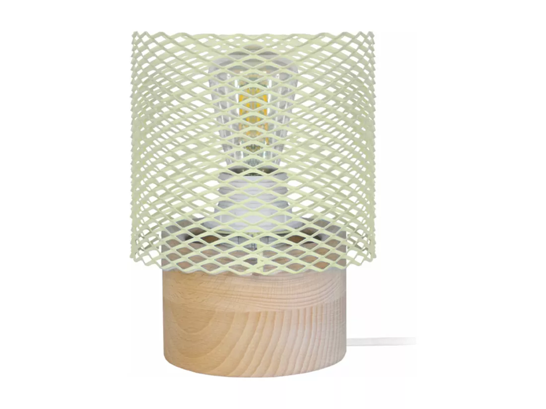 Lampe de chevet,bois cylindre métal, blanc 19,5 cm.