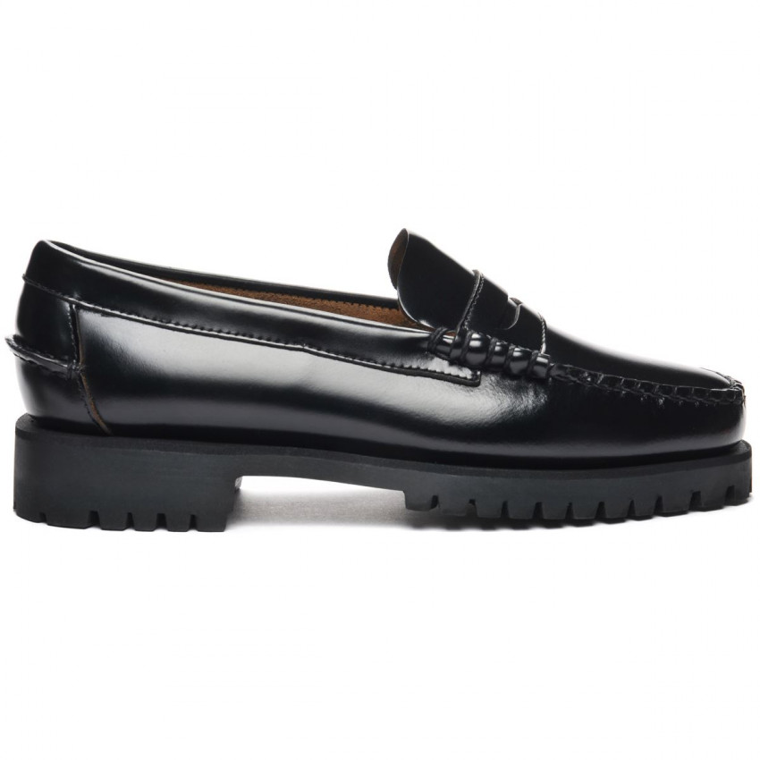 DAN LUG BLACK MOCASSIN-Mocassin semelle crantée pour femme en cuir coloris noir