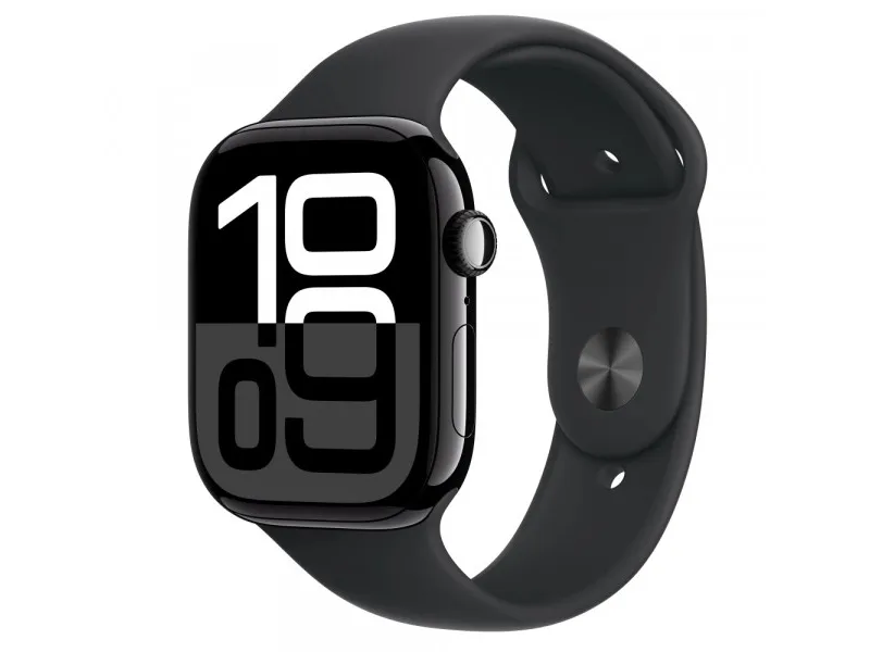 Apple Watch Series 10 (GPS) - 46 mm - jet sort aluminium - smart ur med sportsbånd - fluoroelastomer - sort - båndstørrelse: M/L - 64 GB - Wi-Fi 4, UWB, Bluetooth - 36.4 g