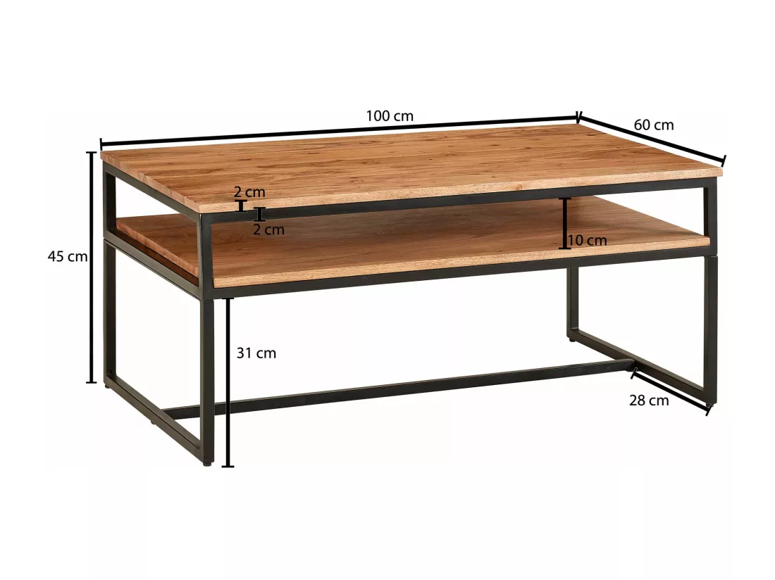 table basse 100x60x45 cm table basse bois massif métal table de salon acacia | Table de chambre industrielle avec espace de rangement | Table en bois, table basse, solide