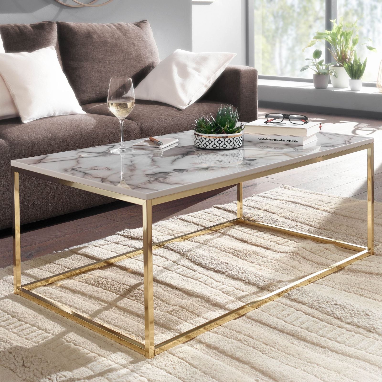 Couchtisch - weiß-gold - Marmor-Optik - 100 cm