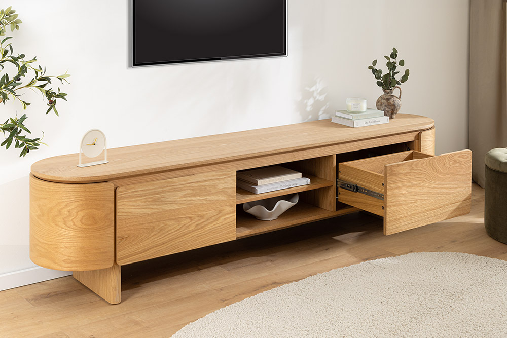 Modernes TV-Board OAK GRAIN 200cm natur Eichenholz zwei Fächer mit Schubladen