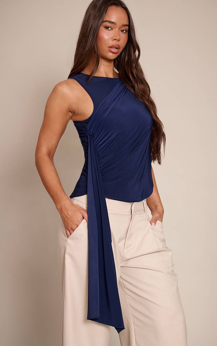 Bleu Marine Haut Long Fluide Avec Détail Drapé