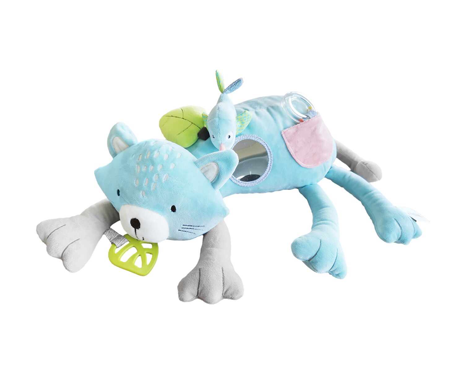 Kikkaboo Baby Kuscheltier Kit die Katze 3 in 1, Beißring, Rassel, Spiegel, 38 cm blau