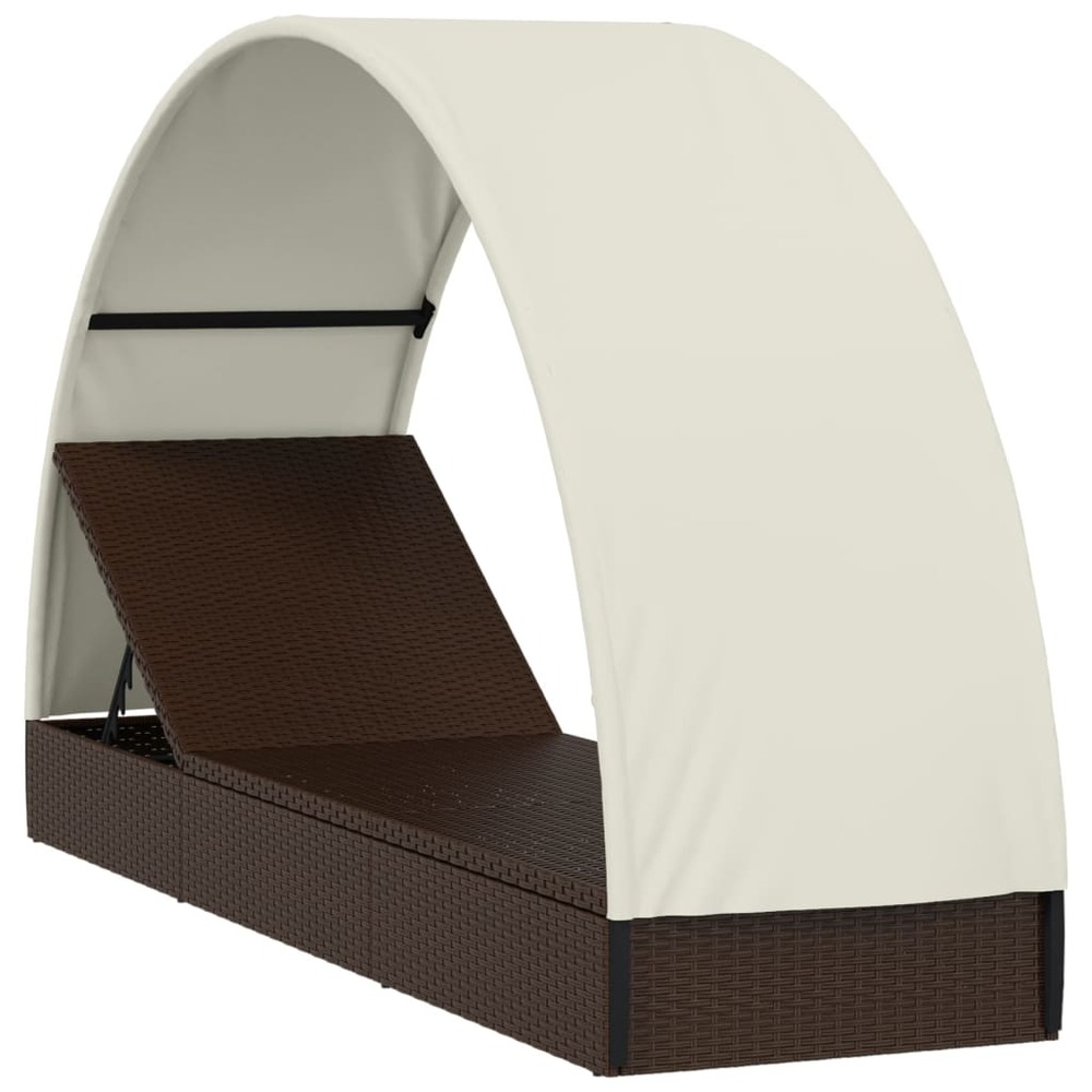 Transat chaise longue bain de soleil lit de jardin terrasse meuble d'extérieur avec toit rond marron 211x57x140cm résine tres
