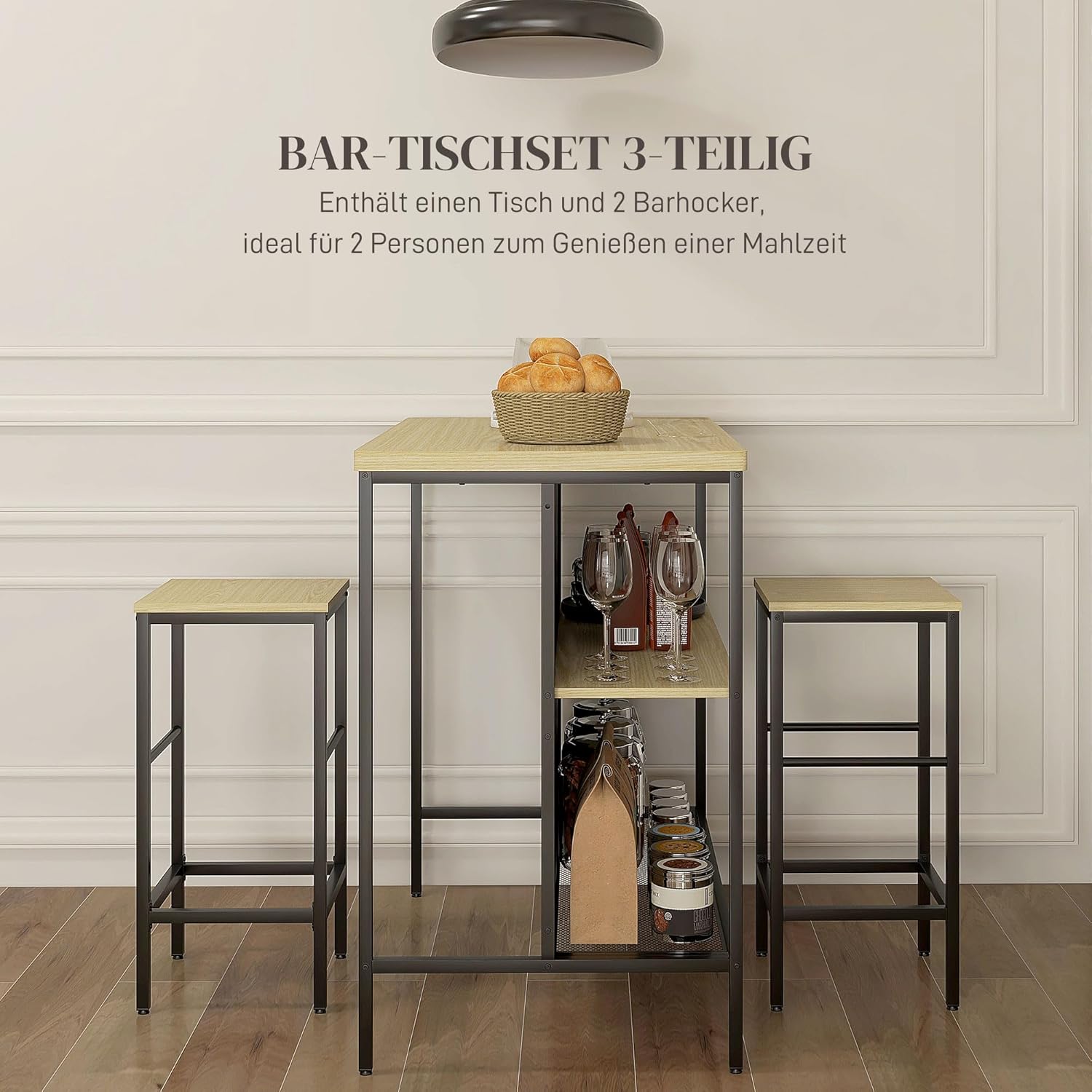 HOMCOM Bartisch mit Barhocker Set, 3-TLG. Bartisch-Set inkl. Küchentisch mit 2 Barhockern, 2 Ablage, Essgruppe im Modern-Stil, für Küche, Esszimmer, Stahl, Eiche