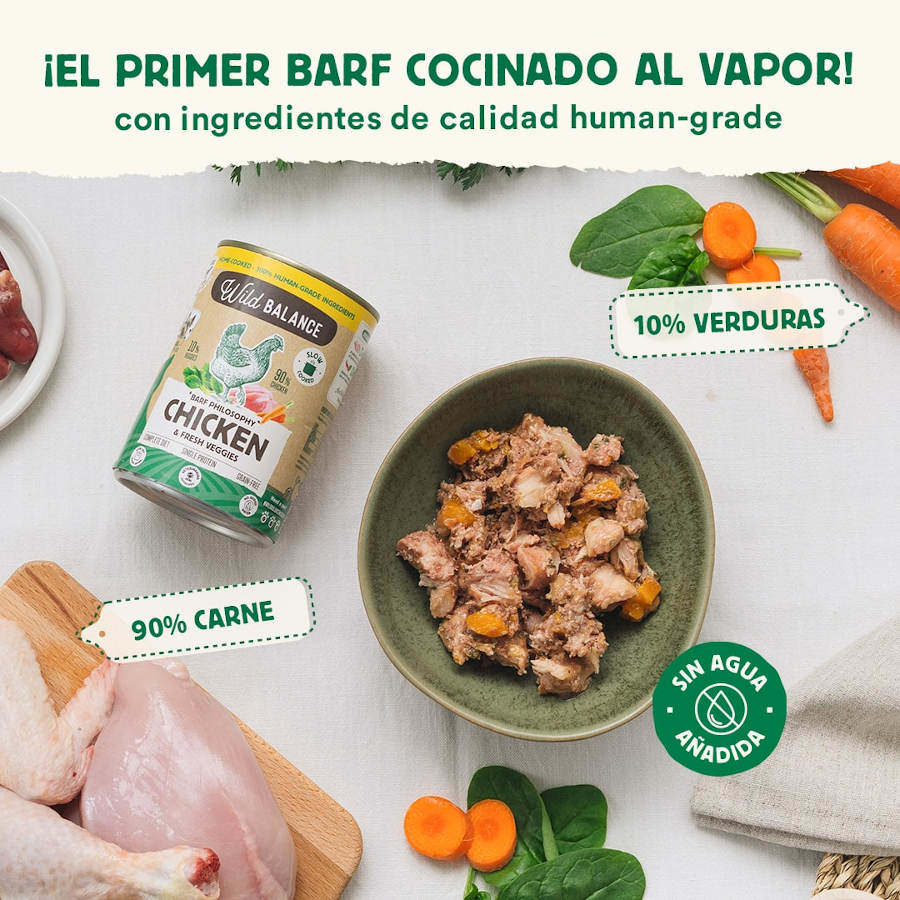Ração Wild Balance BARF de Frango e Vegetais em lata, 400g, para cães.