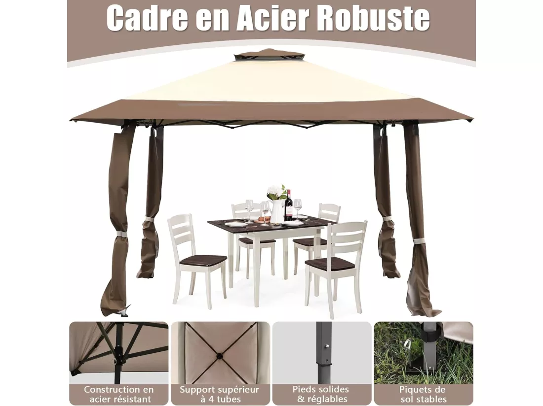 Tonnelle Barnum de Jardin Pliante Pop-up 3,95x3,95M 2 Toit Ventilés Tissu et velours Oxford 3 Hauteurs Réglable Sac de Rangement（Marron)
