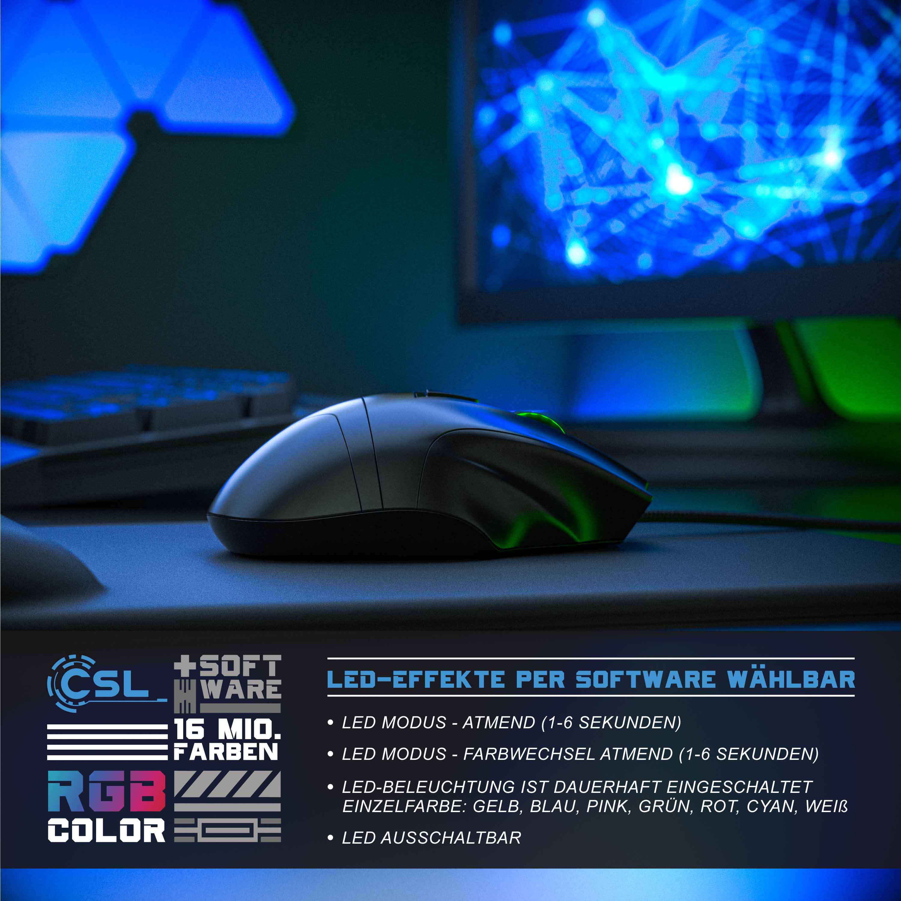CSL Gaming-Maus kabelgebunden, 125 dpi, optische Gaming Maus, Farbwechsel, 9 Tasten, 600 bis 4800dpi