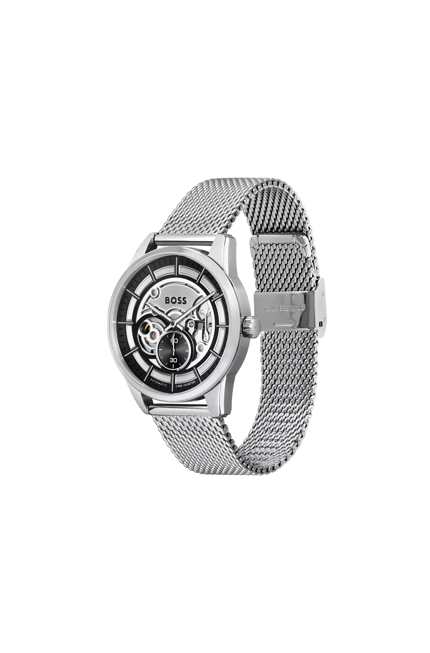 Relógio automático BOSS com mostrador laranja esqueletizado e pulseira de malha.